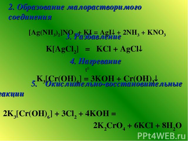3. Разбавление K[AgCl2] = KCl + AgCl 5. Окислительно-восстановительные реакции 2K3[Cr(ОH)6] + 3Сl2 + 4KOH = 2K2CrO4 + 6KCl + 8H2O 4. Нагревание t0 K3[Cr(ОH)6] = 3KOH + Cr(OH)3 2. Образование малорастворимого соединения [Ag(NH3)2]NO3 + KI = AgI + 2NH…