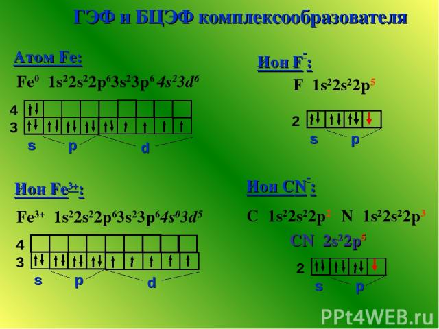 ГЭФ и БЦЭФ комплексообразователя Атом Fe: Fe0 1s22s22p63s23p6 4s23d6 Fe3+ 1s22s22p63s23p64s03d5 Ион Fe3+: Ион F : Ион СN : F 1s22s22p5 С 1s22s22р2 N 1s22s22p3 CN 2s22p5