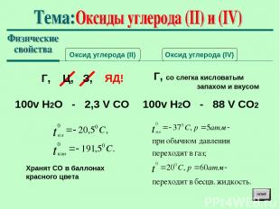 Оксид углерода (II) Оксид углерода (IV) Г, Ц, З, ЯД! Г, со слегка кисловатым зап