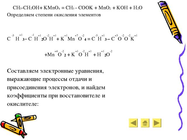 CH3-CH2OH+ KMnO4 = CH3 - COOK + MnO2 + KOH + H2O Определяем степени окисления элементов C -3 H+13 - C-1H+12O-2H+1+ K+1Mn+7O-24 = C-3H+13 – C+3O-2O-2K+1 +Mn+4O-22 + K+1O-2H+1 + H+12O-2 Составляем электронные уравнения, выражающие процессы отдачи и пр…
