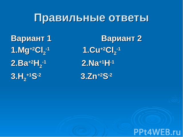 Правильные ответы Вариант 1 Вариант 2 1.Mg+2Cl2-1 1.Cu+2Cl2-1 2.Ba+2H2-1 2.Na+1H-1 3.H2+1S-2 3.Zn+2S-2