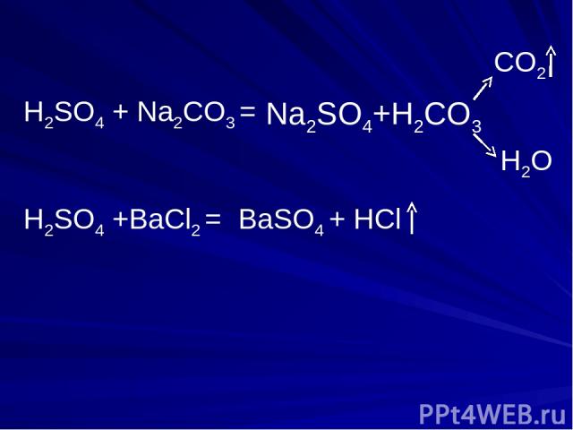 H2SO4 + Na2CO3 = CO2 H2O H2SO4 +BaCl2 = BaSO4 + HCl Na2SO4+H2CO3