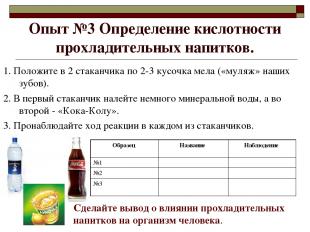 Опыт №3 Определение кислотности прохладительных напитков. Сделайте вывод о влиян
