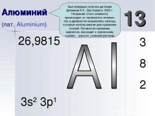 Алюминий (лат. Aluminium) 13 3 8 2 26,9815 3s2 3p1 Был впервые получен датским ф