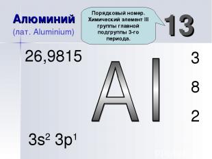 Алюминий (лат. Aluminium) 13 3 8 2 26,9815 3s2 3p1 Порядковый номер. Химический