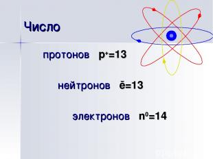 Число протонов p+=13 нейтронов ē=13 электронов n0=14