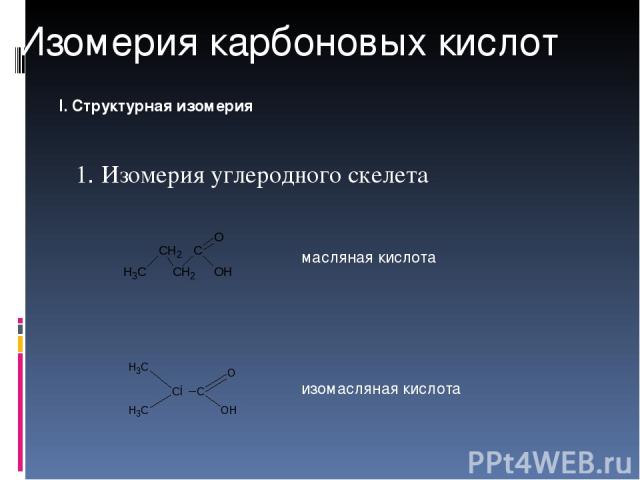 1. Изомерия углеродного скелета масляная кислота изомасляная кислота I. Структурная изомерия Изомерия карбоновых кислот