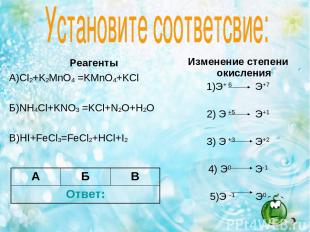 Реагенты А)Cl2+K2MnO4 =KMnO4+KCl Б)NH4Cl+KNO3 =KCl+N2O+H2O В)HI+FeCl3=FeCl2+HCl+