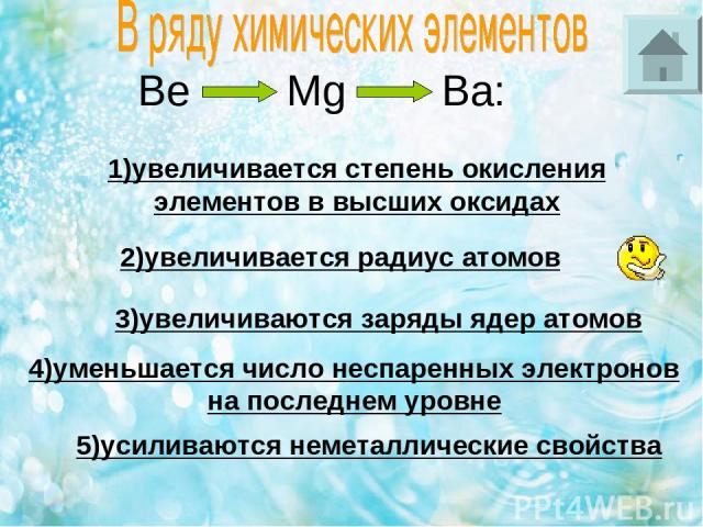 Be Mg Ba: 1)увеличивается степень окисления элементов в высших оксидах 2)увеличивается радиус атомов 3)увеличиваются заряды ядер атомов 4)уменьшается число неспаренных электронов на последнем уровне 5)усиливаются неметаллические свойства