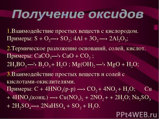 Взаимодействие простых веществ с кислородом. Примеры: S + O2—› SO2; 4Al + 3O2 —› 2Al2O3; Термическое разложение оснований, солей, кислот. Примеры: CaCO3—t› CaO + CO2 ; 2H3BO3 —t› B2O3 + H2O ; Mg(OH)2 —t› MgO + H2O; Взаимодействие простых веществ и с…