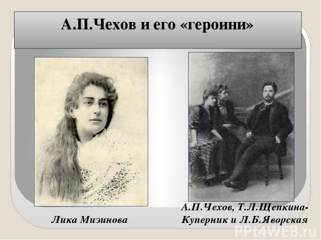 А.П.Чехов и его «героини» Лика Мизинова А.П.Чехов, Т.Л.Щепкина- Куперник и Л.Б.Яворская