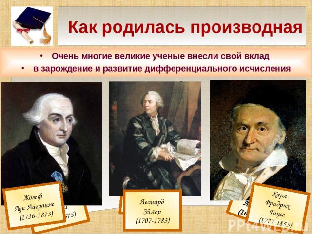Как родилась производная Очень многие великие ученые внесли свой вклад в зарождение и развитие дифференциального исчисления Якоб Бернулли (1654-1705) Джеймс Грегори (1638-1675) Гийом Франсуа Лопиталь (1661-1704) Леонард Эйлер (1707-1783) Карл Фридри…