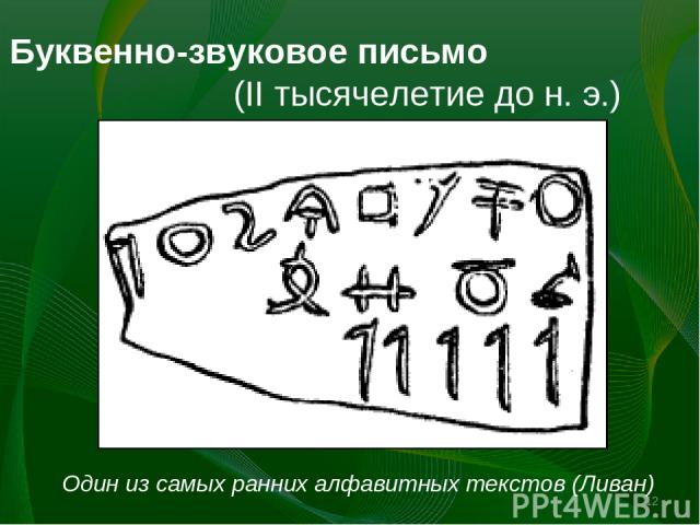 Буквенно-звуковое письмо (II тысячелетие до н. э.) * Один из самых ранних алфавитных текстов (Ливан)