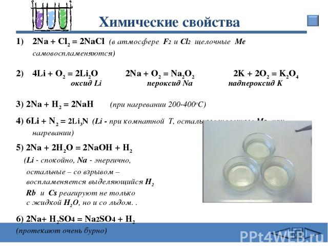 Химические свойства 2Na + Cl2 = 2NaCl (в атмосфере F2 и Cl2 щелочные Me самовоспламеняются) 4Li + O2 = 2Li2O 2Na + O2 = Na2O2 2K + 2O2 = K2O4 оксид Li пероксид Na надпероксид K 3) 2Na + Н2 = 2NaН (при нагревании 200-400oC) 4) 6Li + N2 = 2Li3N (Li - …