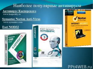 Наиболее популярные антивирусы  Антивирус Касперского  www.kaspersky.ru Eset NOD