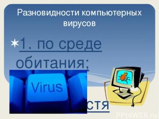 Разновидности компьютерных вирусов 1. по среде обитания; 2. по особенностям алго