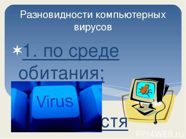Разновидности компьютерных вирусов 1. по среде обитания; 2. по особенностям алгоритма; 3. по способам заражения; 4. по степени воздействия