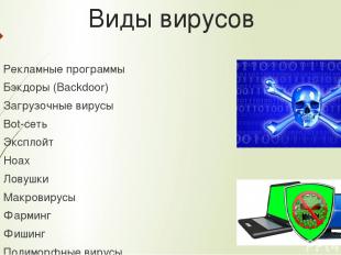 Виды вирусов Рекламные программы Бэкдоры (Backdoor) Загрузочные вирусы Bot-сеть