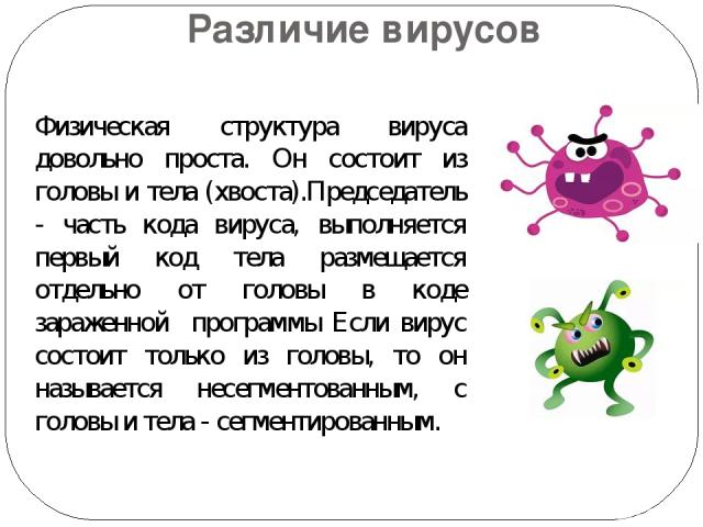 Различие вирусов Физическая структура вируса довольно проста. Он состоит из головы и тела (хвоста).Председатель - часть кода вируса, выполняется первый код тела размещается отдельно от головы в коде зараженной программы Если вирус состоит только из …