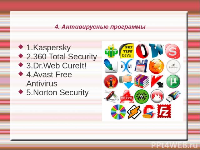 4. Антивирусные программы 1.Kaspersky 2.360 Total Security 3.Dr.Web CureIt! 4.Avast Free Antivirus 5.Norton Security