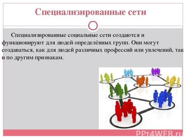 Специализированные сети Специализированные социальные сети создаются и функционируют для людей определённых групп. Они могут создаваться, как для людей различных профессий или увлечений, так и по другим признакам.