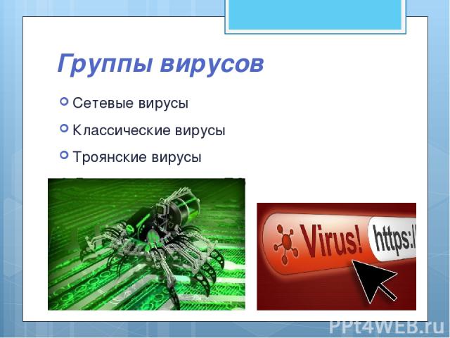 Группы вирусов Сетевые вирусы Классические вирусы Троянские вирусы Другое вредоносное ПО