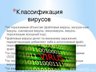 Классификация вирусов по поражаемым объектам (файловые вирусы, загрузочные вирус