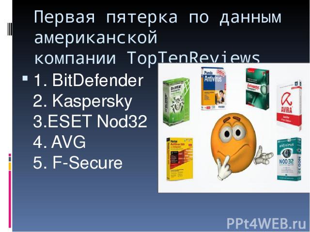 Первая пятерка по данным американской компании TopTenReviews  1. BitDefender 2. Kaspersky 3.ESET Nod32 4. AVG  5. F-Secure
