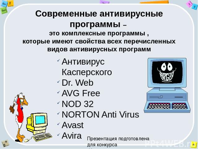 Современные антивирусные программы – это комплексные программы , которые имеют свойства всех перечисленных видов антивирусных программ Антивирус Касперского Dr. Web AVG Free NOD 32 NORTON Anti Virus Avast Avira Презентация подготовлена для конкурса …
