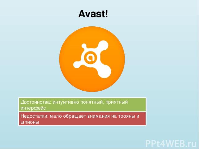 Avast! Достоинства: интуитивно понятный, приятный интерфейс Недостатки: мало обращает внимания на трояны и шпионы