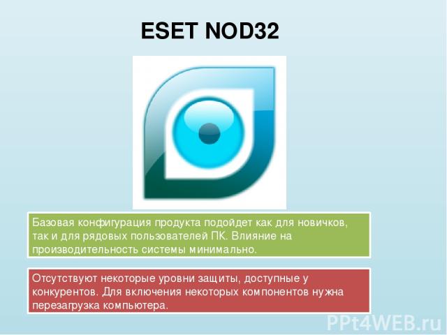 ESET NOD32 Базовая конфигурация продукта подойдет как для новичков, так и для рядовых пользователей ПК. Влияние на производительность системы минимально.  Отсутствуют некоторые уровни защиты, доступные у конкурентов. Для включения некоторых компонен…