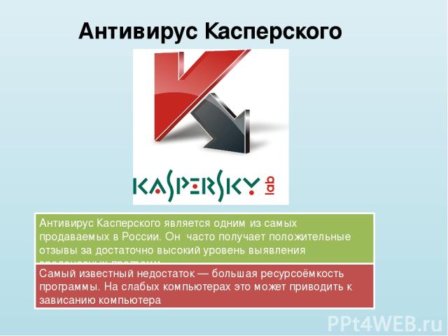 Антивирус Касперского Антивирус Касперского является одним из самых продаваемых в России. Он  часто получает положительные отзывы за достаточно высокий уровень выявления вредоносных программ. Самый известный недостаток — большая ресурсоёмкость прогр…