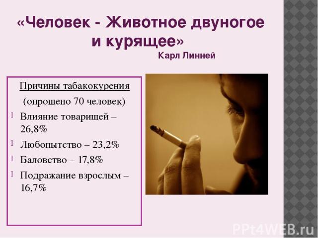 «Человек - Животное двуногое и курящее» Карл Линней Причины табакокурения (опрошено 70 человек) Влияние товарищей – 26,8% Любопытство – 23,2% Баловство – 17,8% Подражание взрослым – 16,7%