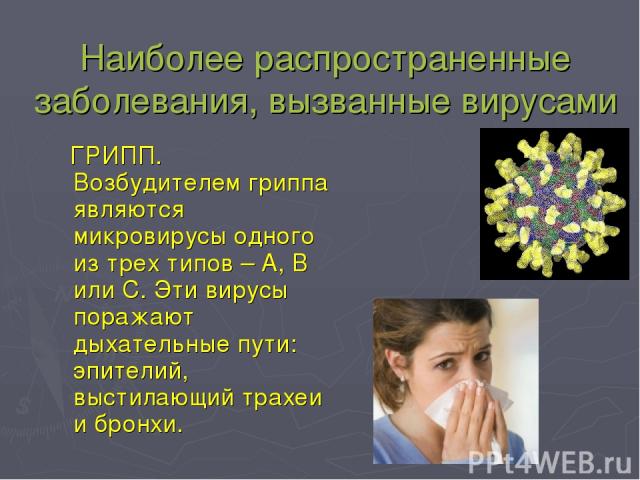 Наиболее распространенные заболевания, вызванные вирусами ГРИПП. Возбудителем гриппа являются микровирусы одного из трех типов – A, B или C. Эти вирусы поражают дыхательные пути: эпителий, выстилающий трахеи и бронхи.
