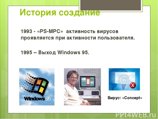 История создание 1993 - «PS-MPC» активность вирусов проявляется при активности пользователя. 1995 – Выход Windows 95. Вирус: «Concept»