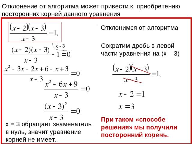 Отклонение от алгоритма может привести к приобретению посторонних корней данного уравнения х - 3 x = 3 обращает знаменатель в нуль, значит уравнение корней не имеет. Сократим дробь в левой части уравнения на (х – 3) При таком «способе решения» мы по…