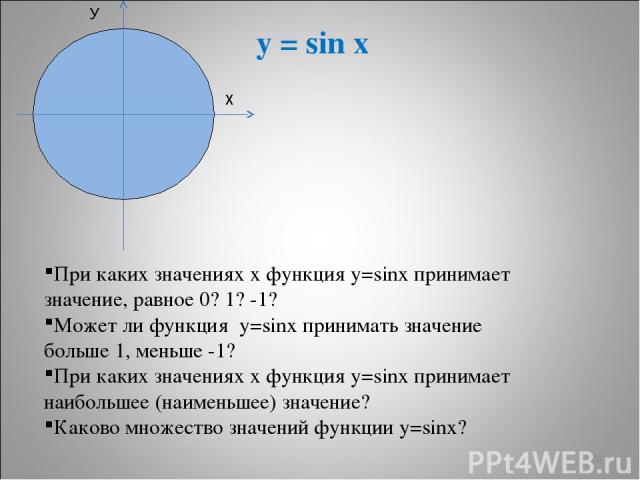 * У х y = sin x При каких значениях х функция у=sinx принимает значение, равное 0? 1? -1? Может ли функция у=sinx принимать значение больше 1, меньше -1? При каких значениях х функция у=sinx принимает наибольшее (наименьшее) значение? Каково множест…