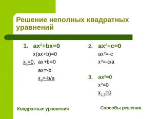 Решение неполных квадратных уравнений 1. ax2+bx=0 x(ax+b)=0 x1=0, ax+b=0 ax=-b x