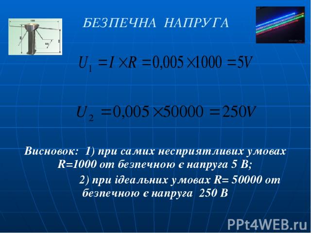 БЕЗПЕЧНА НАПРУГА Висновок: 1) при самих несприятливих умовах R=1000 om безпечною є напруга 5 В; 2) при ідеальних умовах R= 50000 om безпечною є напруга 250 В