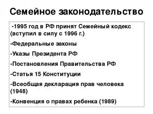 Семейное законодательство -1995 год в РФ принят Семейный кодекс (вступил в силу