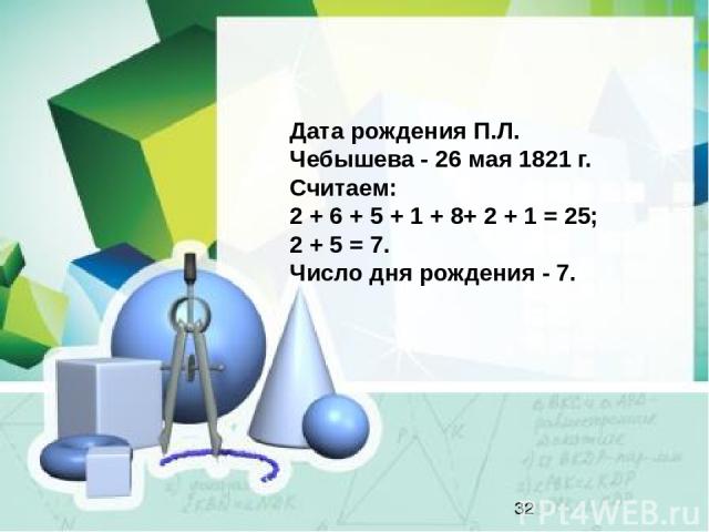 Дата рождения П.Л. Чебышева - 26 мая 1821 г. Считаем: 2 + 6 + 5 + 1 + 8+ 2 + 1 = 25; 2 + 5 = 7. Число дня рождения - 7.