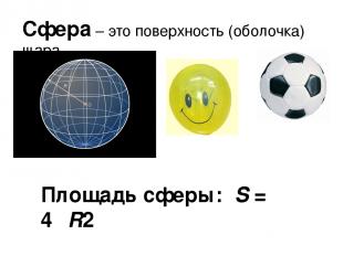 Сфера – это поверхность (оболочка) шара. Площадь сферы: S = 4πR2