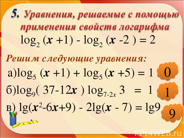 * log2 (х +1) - log2 (х -2 ) = 2 Решим следующие уравнения: а)log5 (х +1) + log5 (х +5) = 1 б)log9( 37-12х ) log7-2х 3 = 1 в) lg(х2-6х+9) - 2lg(х - 7) = lg9 0 1 9