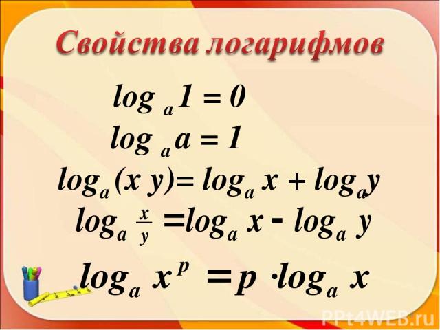log a 1 = 0 log a a = 1 loga (x y)= loga x + logay *