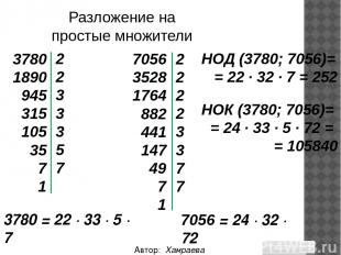 Автор: Хамраева Мехринисо Разложение на простые множители 3780 = 22 ∙ 33 ∙ 5 ∙ 7