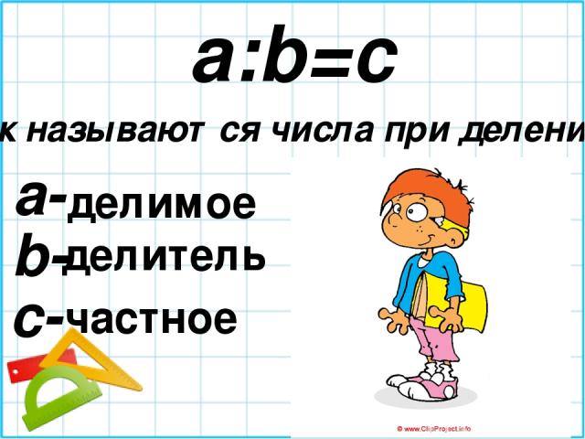 a:b=c Как называются числа при делении? a- b- c- делимое делитель частное