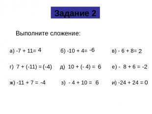 Выполните сложение: а) -7 + 11= б) -10 + 4= в) - 6 + 8= г) 7 + (-11) = д) 10 + (