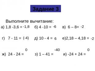 Выполните вычитание: а) 1,8 -3,6 = б) 4 -10 = в) 6 – 8= г) 7 - 11 = д) 10 - 4 =