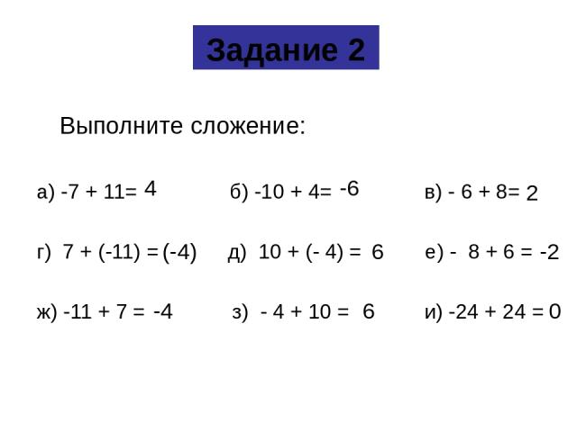 Выполните сложение: а) -7 + 11= б) -10 + 4= в) - 6 + 8= г) 7 + (-11) = д) 10 + (- 4) = е) - 8 + 6 = ж) -11 + 7 = з) - 4 + 10 = и) -24 + 24 = Задание 2 4 -6 (-4) 6 -2 0 2 6 -4