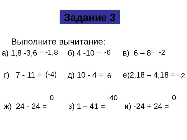 Выполните вычитание: а) 1,8 -3,6 = б) 4 -10 = в) 6 – 8= г) 7 - 11 = д) 10 - 4 = е)2,18 – 4,18 = ж) 24 - 24 = з) 1 – 41 = и) -24 + 24 = Задание 3 -1,8 -6 -2 (-4) 6 -2 0 -40 0
